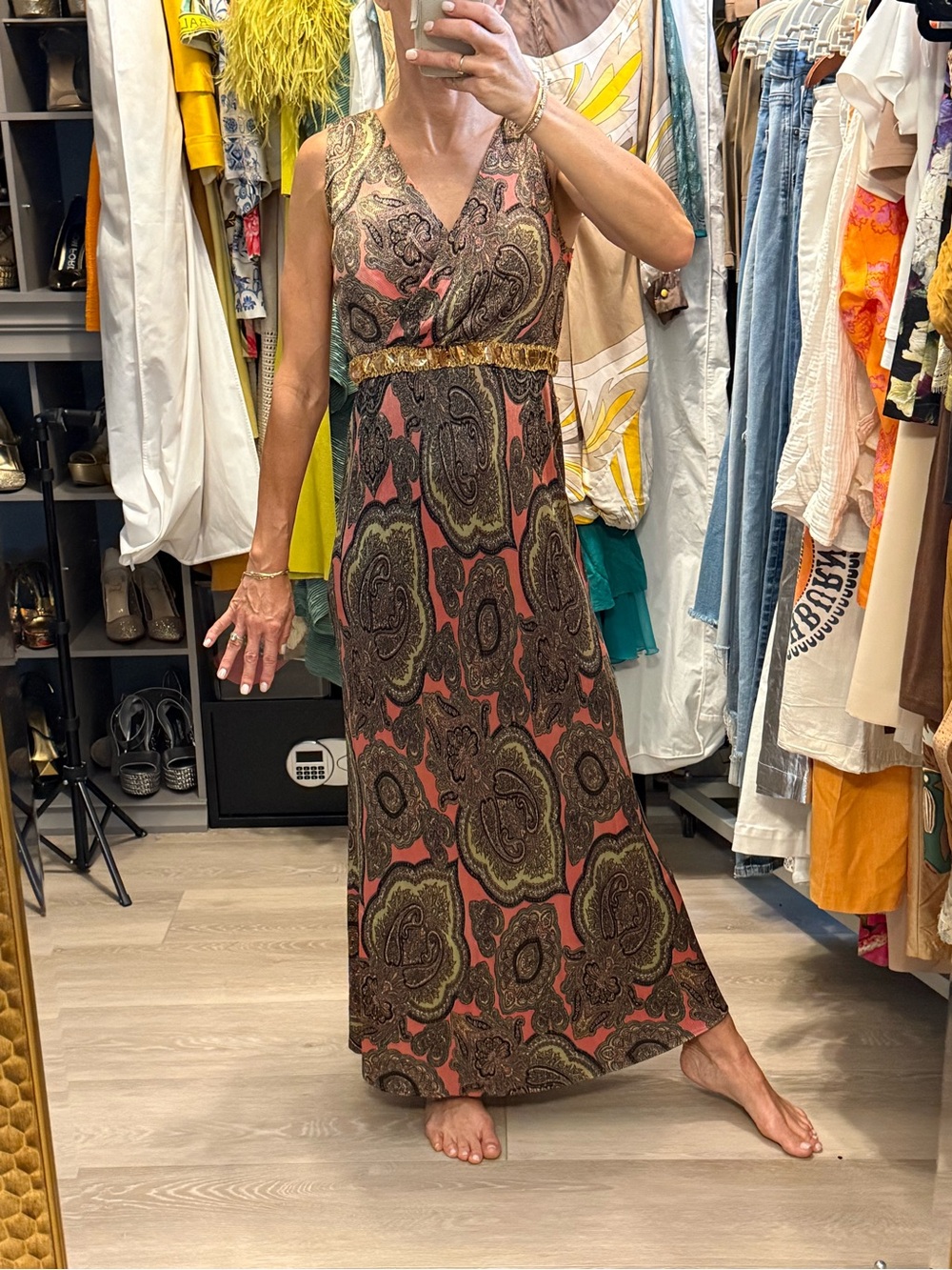 Vintage 70s Sleeveless Silk V-Neck Paisley Maxi Dress